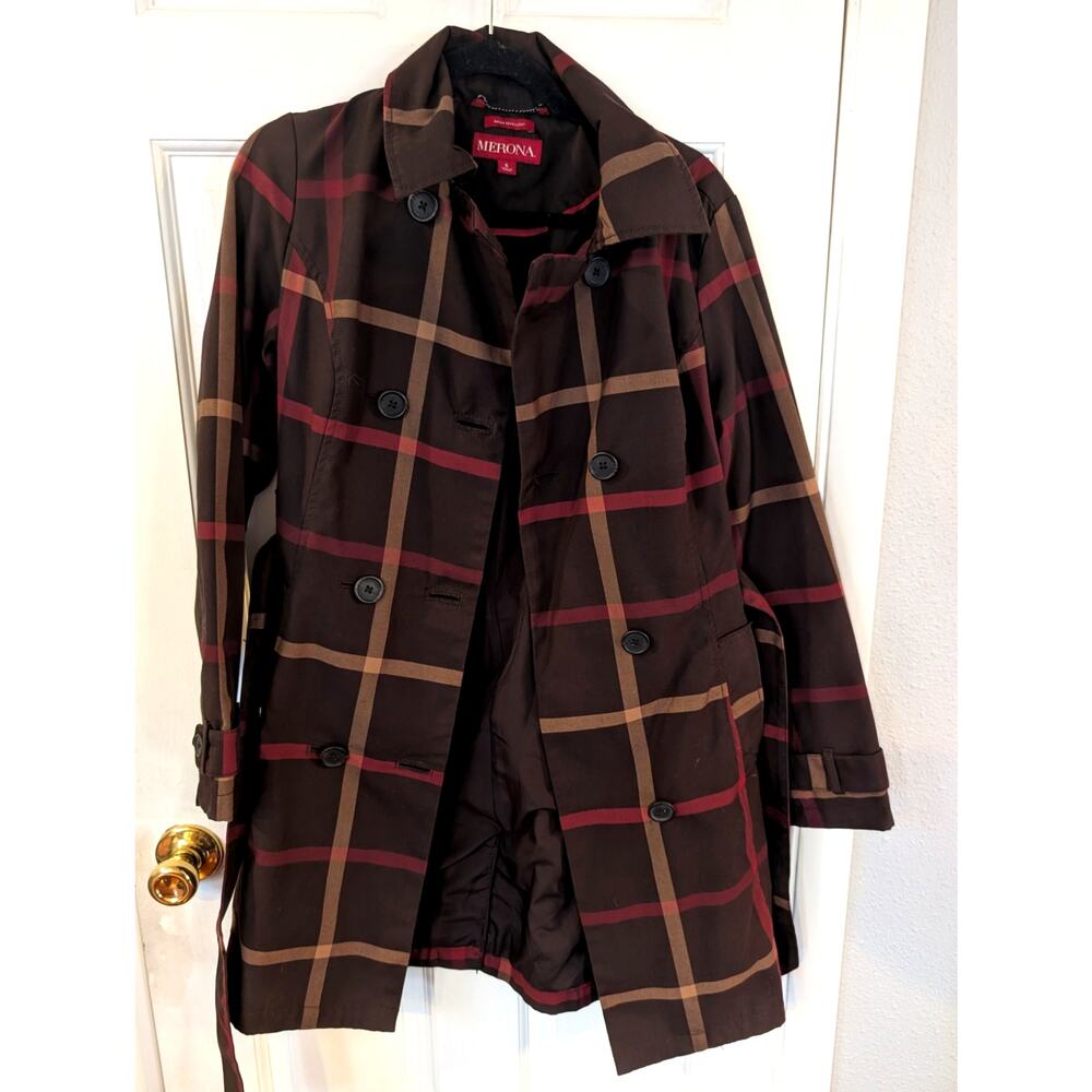 Merona Plaid Water Repellent Trench Coat Small Double Breasted Rain Jacket - Picture 3 of 6